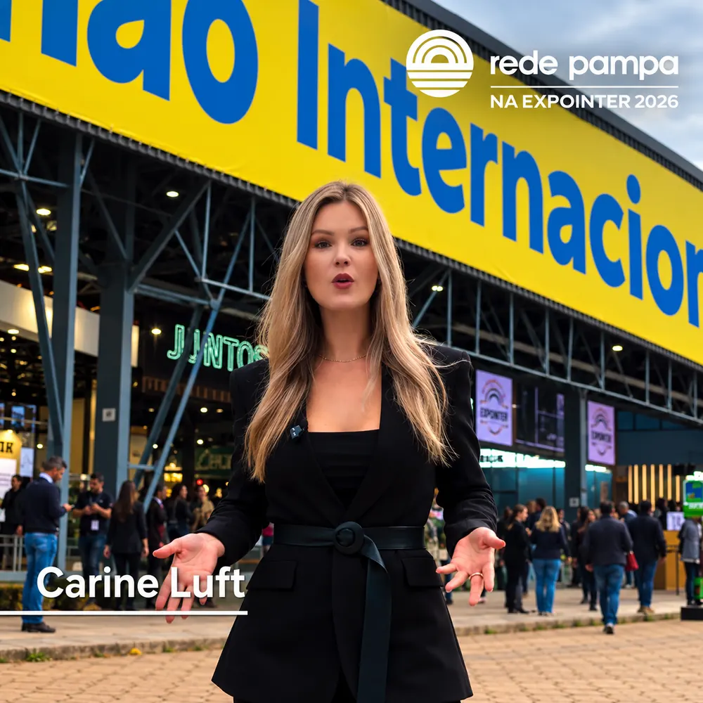 Carine Luft como repórter na entrada da Expointer 2026, de blazer preto